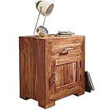 FineBuy Nachttisch Massivholz Sheesham Design Nachtkommode 60 cm Hoch 50 cm Breit Schublade & Tür Nachtschrank Natur-Holz Massiv dunkel-braun Nachtkonsole Landhaus-Stil Nachtkästchen für Boxspring-Bett
