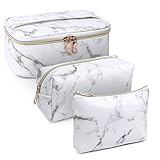 3 Stück Make Up Tasche Kulturbeutel Tragbar Reise PU-Leder Schminktasche Kosmetiktasche Mit wasserbeständig und strapazierfähigem (Marmor Weiß)