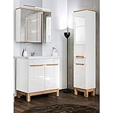 Lomadox Badezimmer Set, weiß Hochglanz mit Eiche hell, Waschtisch-Unterschrank mit 80cm Keramik-Waschbecken, LED-Spiegelschrank & Hochschrank