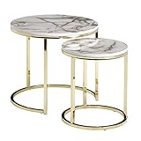 FineBuy Design Beistelltisch 2er Set Weiß Marmor Optik Rund | Couchtisch 2 teilig Tischgestell Metall Gold | Kleine Wohnzimmertische | Moderne Satztische