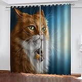 Hundnsney Vorhänge Wohnzimmer Modern Blickdicht 2Er Set 3D Gelbe Tierkatze Muster Schlaufenschal Verdunkelungsvorhang Vorhänge Lärmminderung Gardinen Fensterdekoration 240X270cm(HxB)