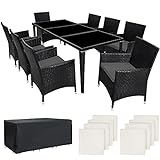 TecTake Aluminium Poly Rattan Gartenmöbel Set 8 Stühle mit Tisch mit Glasplatten, inkl. 2 Bezugssets und Schutzhülle, wetterfeste Balkon Möbel - schwarz