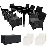 TecTake Aluminium Poly Rattan Gartenmöbel Set 8 Stühle mit Tisch mit Glasplatten, inkl. 2 Bezugssets und Schutzhülle, wetterfeste Balkon Möbel - schwarz