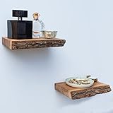 Wandregal 2er-Set aus Eiche Massivholz | Hergestellt und handgefertigt in Deutschland | Echtholzregal Naturholz mit Rinde | Schwebendes Regal zur Wandmontage | Wohnzimmer Küche Schlafzimmer