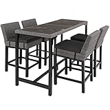 TecTake Alu Rattan Bartisch mit Barhocker Set, Outdoor Barset mit Stehtisch und Barstuhl + Polster, 5-teiliges Gartenbar Set, Gartentheke mit Marmoroptik, Holzbeine, für Garten Terrasse Balkon (Grau)