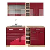 Vicco Küchenzeile Einbauküche Küchenschränke R-Line Eiche Küchenmöbel (Eiche-Bordeaux Hochglanz, Single 160 cm)