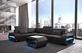 Ecksofa Verona Ledersofa L Form Sofa - mit LED Beleuchtung, verstellbare Kopfstützen/Lederfarben wählbar/Ausrichtung wählbar (Ecke Links, Black)