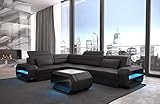 Ecksofa Verona Ledersofa L Form Sofa - mit LED Beleuchtung, verstellbare Kopfstützen/Lederfarben wählbar/Ausrichtung wählbar (Ecke Links, Black)