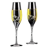 FURLOU Weinglas, Hochzeits-Champagnerglas-Set, Toastflötengläser mit Strass-Kristall-Herzen, Dekor, Trinkkelch Gläser