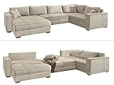 Modische Cord Wohnlandschaft U-Form mit Schlaffunktion, Sofa mit Gästebett und Bettkasten, Wellenfederung, ca. 379 cm breit, seitenverkehrt montierbar, Bezug Cordstoff in Beige Creme | 15200