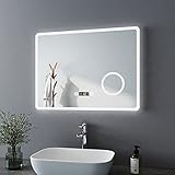 Bath-mann LED Badspiegel 80x60cm mit Beleuchtung Kaltweiß Badezimmerspiegel Spiegel mit Touch Lichtschalter, 3X Vergrößerung Lupe Schminkspiegel, Beschlagfrei, Uhr, Wandspiegel Horizontal