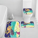 RLYXGS Meeresschildkröte Badematte rutschfest für Badezimmer Stern-Cartoon Badematten Set 3-Teiligs Weich Memory Foam Badteppich Saugfähige Duschvorleger Badewanne Badvorleger mit WC Vorleger 50x80cm
