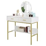 WOLTU Schminktisch mit Beleuchtung, Kosmetiktisch LED Spiegel, Große Tischplatte 100x40x125cm, Frisiertisch mit 2 Schubladen Ablage,Weiß+Gold MB6091ws