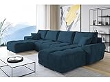 ML Furniture Velvet Ecksofa in U-Form – Blau Sofa – Couch mit Stauraum und Kissen - Ausziehbares Schlafsofa – Sofa mit Schlaffunktion - Schlafsofa mit Bettkasten – Gästebett – 365 x 189 cm