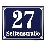 Sosenco Hausnummerschild Hausnummer mit Straßenname - 25x20 cm - Keramik Emaille - Wetterfest - Personalisiert (Blau)