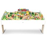 Coemo Spieltisch mit Holz-Eisenbahn Set mit 91 Teilen - Multifunktionstisch für Kinder zum Spielen, Basteln, Bauen und Verbessern der Motorik als tolles Geschenk