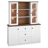 Lomadox Buffetschrank im Landhaus Design inkl. LED Beleuchtung in weiß matt mit Lefkas Eiche Nb, B/H/T: ca. 150/191/40 cm