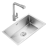 Silberne Küchenspüle Edelstahlspüle Einzelbeckenspüle Einbauspüle Barspüle mit Wasserhahn Dicker Edelstahl (Color : Silver, Size : 68x43cm)