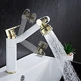 goambuy 360° Messing Mul-tidirektionaler schwenkbar Spültischarmatur,Chrom Drehbar Wasserhahn Bad, Waschbecken mit Rotierende Brause, kalt- und heiß wasser waschamatur (Weiß Gold)