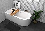 ECOLAM Badewanne Wanne Eckwanne Eckbadewanne für Zwei Modern Design Acryl weiß Avita 180x80 cm LINKS + Ablage Bambus + Schürze Ablaufgarnitur Ab- und Überlauf Automatik Füße Silikon Komplett-Set