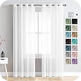 MRTREES Voile Gardinen Vorhang halbtransparent kurz mit Ösen in Leinenoptik Stores Gardinen Schals für Wohnzimmer Schlafzimmer Kinderzimmer Weiß 215×140cm (H×B) 2er Set