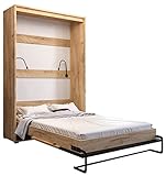 KRYSPOL Bett im Schrank Case, Vertikal, Schlafzimmer, Jugenzimmer, Modern Design (Eiche Kraft Gold + Schwarz, 140 x 200 cm)