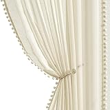 Treatmentex Boho Gardinen mit Pompons Gardinen Ösen 140 cm Breite Transparent Gardinen mit Quasten Gardinen Voile Ösenschal Dekoschal für Wohnzimmer Schlafzimmer,2 Stücke(140 x 245 cm,Beige)