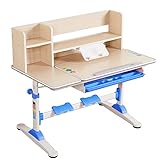 Style home Kinderschreibtisch Schülerschreibtisch höhenverstellbar neigbar Schreibtisch für Kinder, inkl. Bücherregal und Schublade, BTH: 95,9 x 53 x 90-104 cm (Blau)