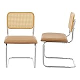 [en.casa] Esszimmerstuhl Gamvik Stühle Esszimmer 2er Set Rattan Braun 2 x Designstuhl Schwingstuhl Kunstleder Polsterstuhl Metallbeine Chromfarben