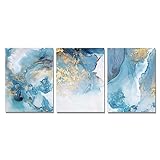Kunstbild-3 Stück Blau Gold Abstrakte Fluss Leinwand Malerei Nordische Kunst Poster und Drucke Wand Landschaft Bilder für Wohnzimmer Home Dekoration-40 * 50Cm/16 * 20 Zoll (Kein Rahmen)