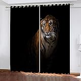 WIRMEC Gardinen Mit Ösen Schlafzimmer Verdunkelungsvorhang 3D Tier Tiger Schwarzer Hintergrund Muster Blickdicht Vorhang, Wohnzimmer Fensterdekoration Thermogardine 2 Stücke H 200 X B 200 cm