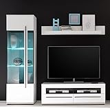 Lomadox TV-Wohnwand in weiß Hochglanz und schwarzen Relinggriffen mit Vitrine und Wandboard BxHxT: 215x200x47cm