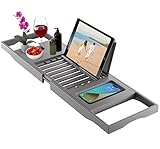 Premium Badewannen-Tablett aus Bambus – erweiterbares Badezimmer-Tablett aus Holz – verstellbares Badezimmertablett für Badewanne – Luxus-Badewannenablage – Geschenkidee für geliebte Menschen (grau)