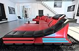 Couch Wohnlandschaft Turino C Form Sofa - mit LED Beleuchtung, verstellbare Kopfstützen, Recamiere/Lederfarben wählbar/Ausrichtung wählbar (Ottomane rechts, Rot-Schwarz)