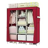 Kleiderschrank,tragbarer Kleiderschrank aus Segeltuch,Stoff-Kleiderschrank mit Kleiderstange und Seitentaschen,Faltbarer Schrank für Schlafzimmer,Rot-128 x 45 x 170 cm