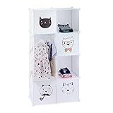 Relaxdays Steckregal Kinderzimmer, Katzen Motiv, 7 Fächer, Kleiderstange, Kleiderschrank HxBxT: 145 x 74 x 36,5 cm, weiß