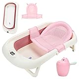 Ikodm 3 in 1 Baby badewanne mit Thermometer | Badematte | Baby-Haarwaschbecher , Ergonomische Babybadewanne Faltbar, Platzsparend, für Neugeborene Kleinkind ab 0-3 Jahre (Rosa)