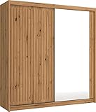 WFL GROUP Kleiderschrank mit Spiegel und Lamellen, Kleiderstange 150 200 250 cm Schrank mit Schiebetüren für Schlafzimmer - 200 cm - Wotan + Holzlamellen Wotan