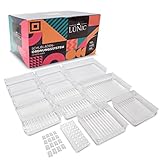 LÜNIC Schubladen Ordnungssystem 12 Teile [3 verschiedene Größen] - Sortierbox Schubladen Organizer Aufbewahrungsbox aus Kunststoff für Büro, Make-Up Bad & Küche - Inkl. 50 Anti-Rutsch-Pads & 16 Clips