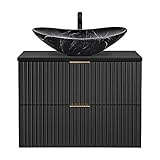 Lomadox Badezimmer Waschtisch, 81cm, matt schwarz gerillt mit Keramik-Waschbecken schwarz marmoriert, B/H/T ca. 81/75/46,5 cm