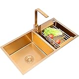 Küchenspüle Edelstahl Waschbecken Küchenspülen, Doppelwaschbecken, Gold-Edelstahlspüle, inklusive quadratischem Gold-Wasserhahn-Zubehör und Seifenspender, Aufsatzmontage und Unterputzmontage