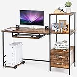 COSTWAY Schreibtisch Holz, Computertisch mit 2 Schubladen, Tastaturauszug und beweglichem CPU-Ständer, PC-Tisch mit Ablagen & verstellbaren Fußpolstern, für Wohnzimmer Büro, 141x51x112cm (Braun)