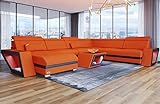 Sofa Dreams XXL Wohnlandschaft Catania - mit LED Beleuchtung, verstellbare Kopfstützen, Recamiere/Mikrofaser/Ausrichtung wählbar (Ottomane Links, Schwarz-Orange)