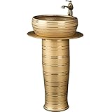 YRRA Standwaschbecken Moderne Keramik, Saulenwaschbecken Rund Gold, Antifouling Und Leicht Zu Reinigen für Handwaschbecken Garderobe Badezimmer WC,Without Mirror