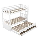 EVURU 90x200cm weiß Etagenbett mit Leiter undausziehbarem Bett und 3 Schubladen Kinderbett Bettgestell aus Kiefer und MDF Hausbett für Mädchen und Jungen