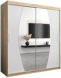 Kryspol Schwebetürenschrank Elypse 180 cm mit Spiegel Kleiderschrank mit Kleiderstange und Einlegeboden Schlafzimmer- Wohnzimmerschrank Schiebetüren Modern Design (Sonoma + Weiß)