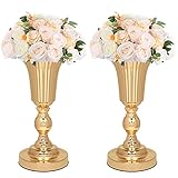 LORYDECO Hochzeitsdekoration Tischdekorationen, 2 Stück Set Metall Gold Vase Blumenständer, 33,5 cm Trompete Höhe Künstliche Blumenvase für Geburtstag, Hochzeit, Jubiläumsfeier, Heimdekoration