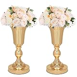 LORYDECO Hochzeitsdekoration Tischdekorationen, 2 Stück Set Metall Gold Vase Blumenständer, 33,5 cm Trompete Höhe Künstliche Blumenvase für Geburtstag, Hochzeit, Jubiläumsfeier, Heimdekoration