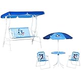 Outsunny 4 TLG. Kindersitzgruppe Garten Gartentisch 2 Klappstühle Kinder Hollywoodschaukel Sonnenschirm Camping Kindersitzgarnitur Gartenmöbel für 3-6 Jahre Blau