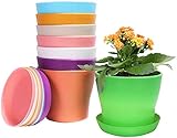 KAHEIGN 8Pcs Blumentöpfe Kunststoff Bunt 14cm Runde Kleine Blumentöpfe, 8 Farben Mini Blumentopf Pflanztöpfe Pflanzenbehälter Innenblumentöpfe mit Palettenschalen für Büro Haus Balkon (14 x 12cm)